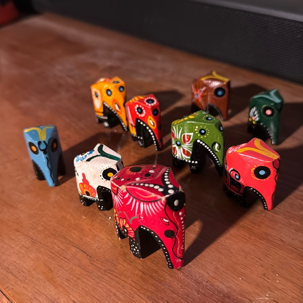 Hand Painted Art Miniature Carved Elephants Set of 9 Colorful Decor